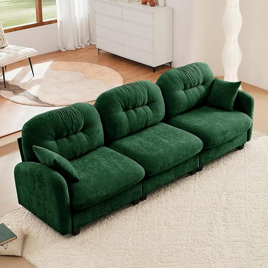 KEIKI 107" Oversized Chenille Modular Sectional Sofa with High-Density Foam Cushion and Tufted Pleated Cushion Backrest, Upholstered Modern 3-Seater Cloud Couch with 2 Pillow, for Living Room, Green