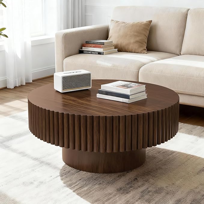 Rovibek Round Coffee Table, 31.5" Wooden Fluted Coffee Table with Fluted Base, Circle Accent Center Table for Living Room Apartment Office Small Space, Easy Assembly, Walnut