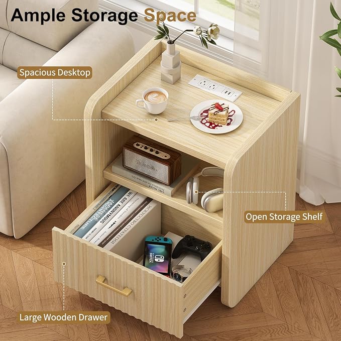 Night Stand with Charger Station, Fluted Wood Nightstand with Drawer Storage, Modern Bedside Table, Wide Nightstands for Bedroom, Mid Century Wooden Night Stands for Home Office Sofa Couch - Image 7