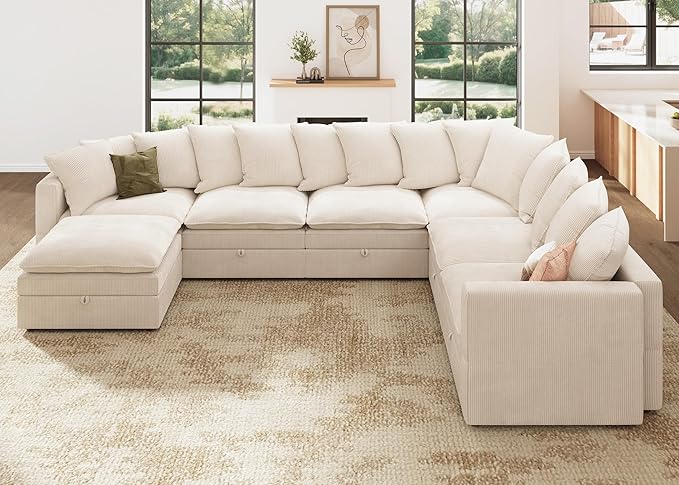 HONBAY Modular Sectional Sofa with Ottoman, 7 Seat U Shaped Couch with Storage & Pillows, 137 Inch Oversized Sectional Sofa for Living Room, Beige