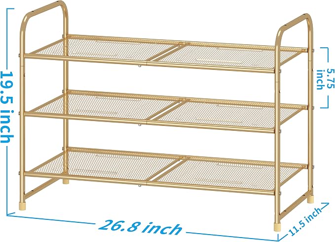 Simple Trending 3-Tier Stackable Shoe Rack, Expandable & Adjustable Shoe Shelf Storage Organizer, Metal Mesh, Gold - Image 3