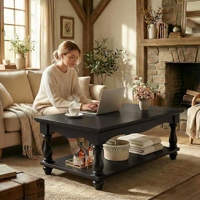 47 inch Black Coffee Table with Storage, 2-Tier Farmhouse Coffee Table with Solid Wood Legs, Mid Century Coffee Tables for Living Room