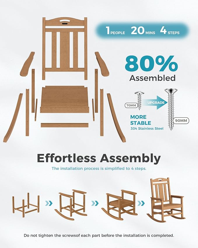 Ciokea Oversized Outdoor Rocking Chairs Set of 4, 380lbs Heavy-Duty Large Patio Rocker, High Back Cozy Porch Chairs, Weather Resistant Patio Rocking Chairs for Outside, Fire Pit, Deck, Teak - Image 9