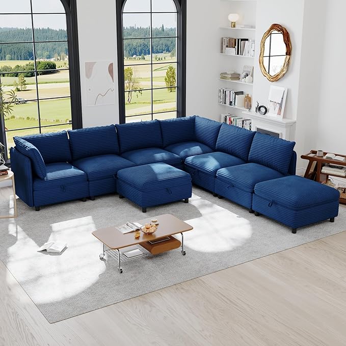 ERYE Modern Modular Storage Sectional Sofa, U/L Shaped Corduroy Modular Sofa Couch W/Movable Ottoman & Seat, 8 Seater Corduroy Upholstered Sofa Couch for Living Room