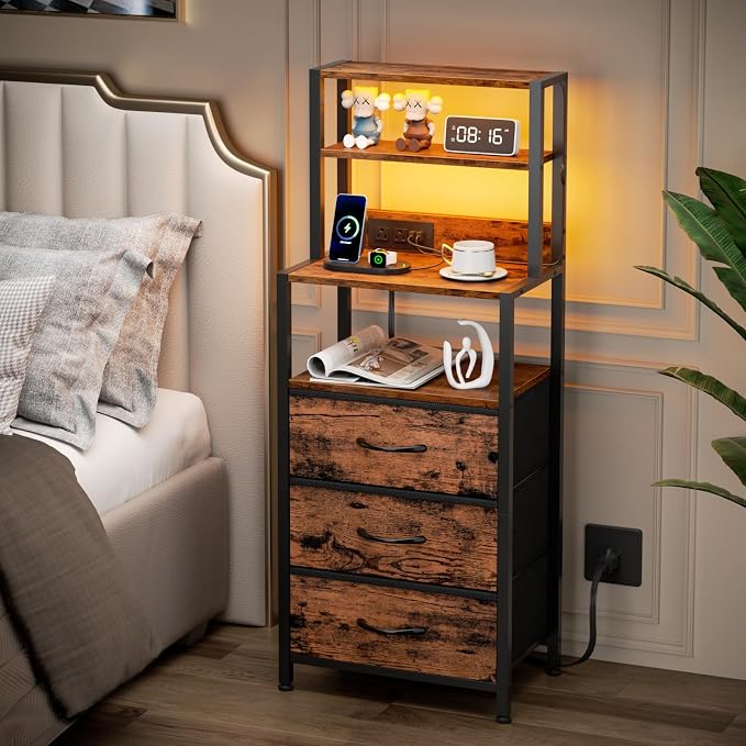 Furnulem Night Stand Set 2, LED nightstand Set of 2 with Charging Station, Bedside Table with Storage Shelf and 3 Fabric Drawers, Bed Side Table for Bedroom, Home Office, Dorm - Image 2