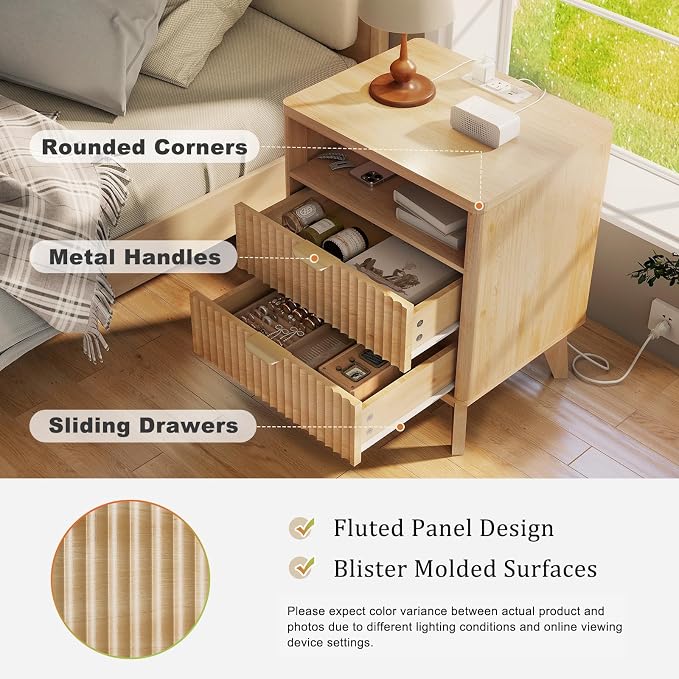 LYNCOHOME Fluted Nightstand with Charging Station, 19.7 inch Wide End Table with 2 Drawers, Modern Wood Bedside Table for Bedroom, Night Stand Set of 2,Natural - Image 4