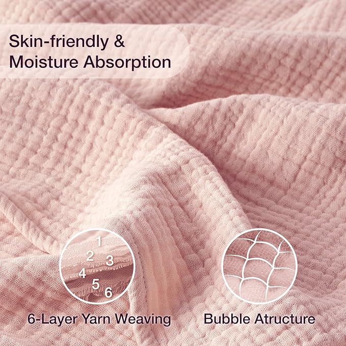 100% Cotton Muslin Blanket 50"x 60", 6 Layers Breathable and Lightweight Cotton Throw Blankets for Couch, Soft Cooling Summer Gauze Blanket for Adults All Season, Dusty Rose‌