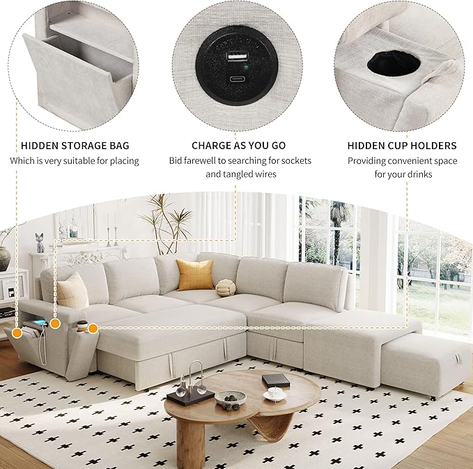 Ball & Cast 90.6" Convertible Sectional Couches Fabric Sofa Set with Pull Out Bed,L-Shaped Modular Padded Cloud w/Storage Space and USB Ports & Cup Holders on The Armrests,for Living Room,Beige