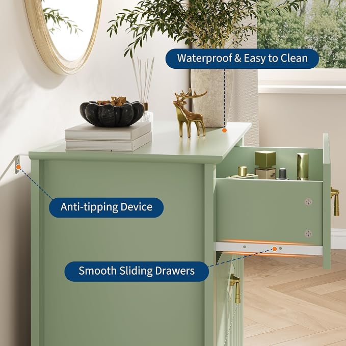 GarveeHome Fluted Dresser for Bedroom, 27.5" Wide 3-Drawer Wood Dresser, Modern Chest of Drawers, Storage Organizer Cabinet for Living Room, Hallway, Entryway, Green - Image 4