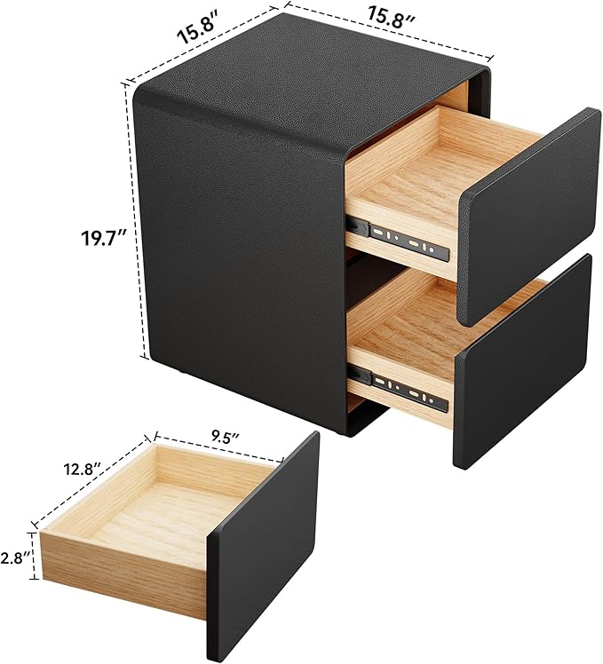 15.8" W Faux Leather Narrow Nightstand, Modern Fully-Assembled Bedside Table with 2 Drawers, Wood Night Stand Small Accent End Table & Side Table for Bedroom, Black - Image 2