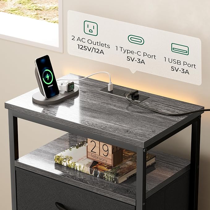 Huuger Night Stand with Charging Station, 4 Drawer Dresser for Bedroom, Bedside Table, 33.9 Inch Tall Nightstand with Open Shelf, End Table, for Closet, Entryway, Bedroooom, Gray - Image 4
