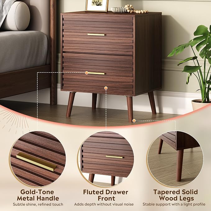 WLIVE Mid Century Modern Nightstand, Fluted Wood Bedside Table with Two Drawers, Brown Night Stand for Bedroom - Image 4