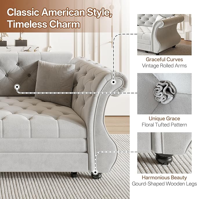 Eafurn Oversized 3-Seater Chesterfield Loveseat Convertible Queen Size Sleeper Couch Bed,Classic Tufted Velvet Pull Out Loveseat Sofa Bed with Roll Armrest and Solid Wood Legs