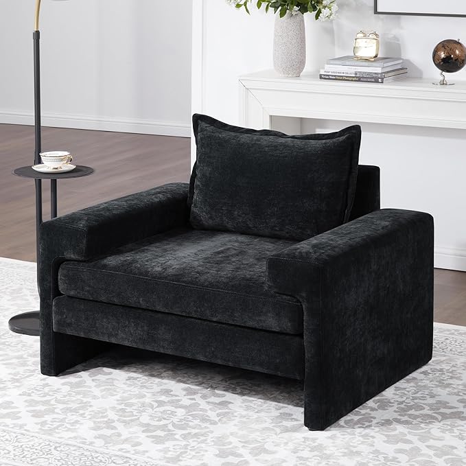 Christopher Knight Home Aylen Modern Chenille Upholstered Accent Chair with Wide Armrests, Wooden Living Room Club Chair, Bedroom Comfy Reading Chair with Back Pillow, Black