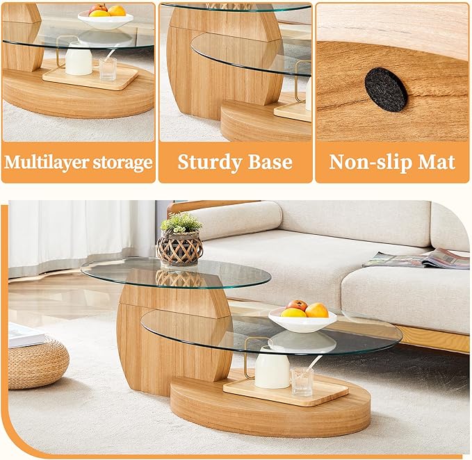 Ebullient Glass Coffee Table, 47" Oval Coffee Table, 2-Tier Glass Tabletop with Light Wood Base, Easy to Maintain and Assemble, Ideal for Dining Room, Living Room