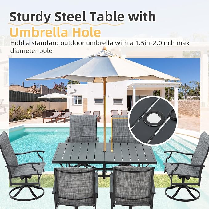 BUPPLEE Patio Dining Set for 6, 6 Piece Patio Swivel Chairs with 1 Piece Large Mental Rectangular Dining Table for Backyard Front Porch Pool Deck,Gray - Image 4
