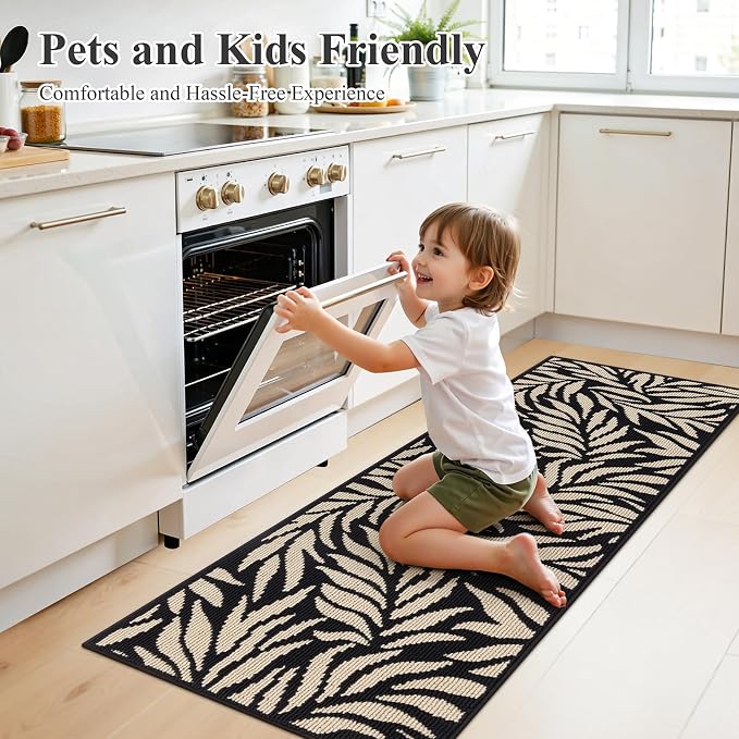 Ileading Hallway Runner Rug 2x6ft Kitchen Floor Mat Modern Leaves Non Slip Throw Rugs Busy Traffic Extended Indoor Doormat Machine Washable Accent Carpet for Laundry Bedroom(Black) - Image 2