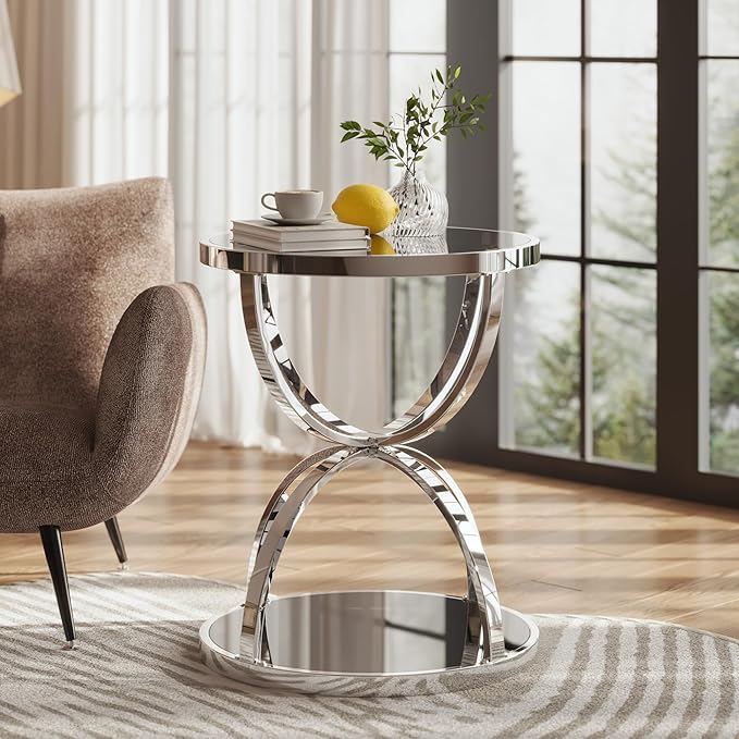 20" Tempered Glass Round Coffee Table Modern Chrome Frame Dome Base Two Tiers Circle Small Living Room Center Tables