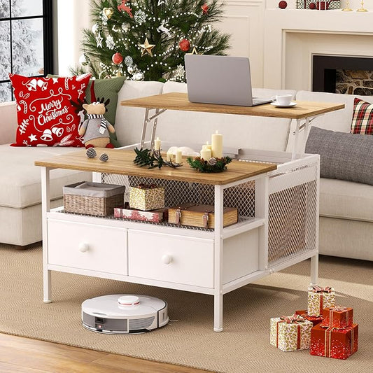 FABATO Lift Top Coffee Table, Square Coffee Table Metal Wood, Farmhouse Lift Up Coffee Tables Cocktail Table with Wire Mesh Barn Door and Storage, Steel Frame, Small Tea Tables for Living Room, White