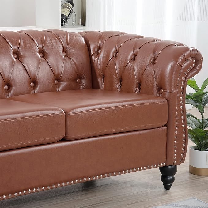 ERYE 84.5-Inch Classic 3 Seat Chesterfield Sofa Couches for Living Room Bedroom, 3 Seaters Button Tufted Faux Leather Upholstered Chesterfield Sofa Couch,Wood Legs | Button Tufted, Easy to Assemble, Nailhead, Removable Cushion