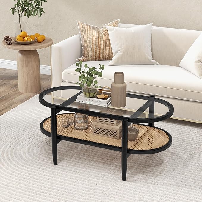 Tangkula Rattan Coffee Table, 40”L Boho Oval Acacia Wood Cocktail Table with Tempered Glass Tabletop & PE Rattan Storage Shelf, 2-Tier Tea Center Table for Living Room Office Reception (Boho, Black)