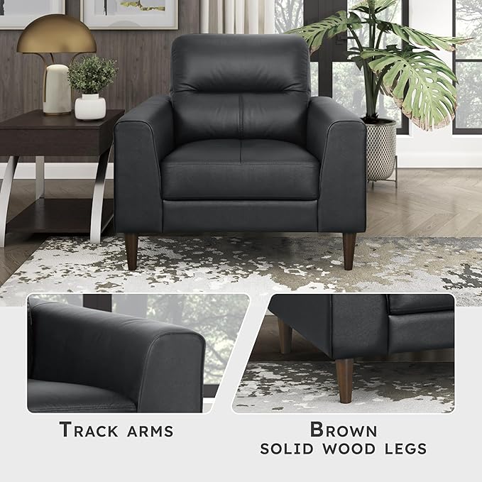 Lexicon Leather Match Accent Chair, Modern Sofa Armchair, Oversized Seat, Solid Wood Legs,Top Grain Leather Lounge Chair for Living Room, Bedroom, Office, Apartment, Waiting Room, Black