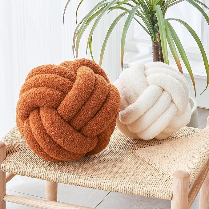 LUSJNGE Decorative Throw Knot Pillow Ball for Home Chair Sofa Couch Bed Aesthetic Round Decor Pillows Lambswool Knotted Pillow Cushion (Ivory White, 8inches)