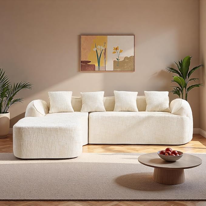L Shaped Compression Sofa, Modular Couch with Curved Armrests & 4 Coordinating Pillows, Modern 101'' Chenille 4 Seater Sofa with Wide Seat for Living Room, Bedroom, No Assembly, Beige