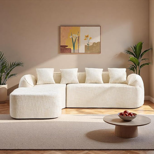 L Shaped Compression Sofa, Modular Couch with Curved Armrests & 4 Coordinating Pillows, Modern 101'' Chenille 4 Seater Sofa with Wide Seat for Living Room, Bedroom, No Assembly, Beige