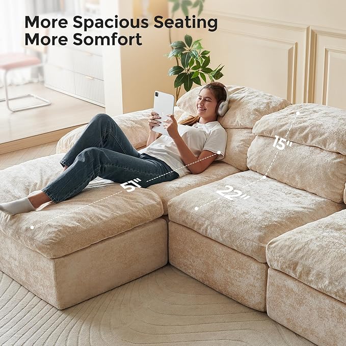 Boneless Couch, L Shaped Cloud Couches for Living Room, Comfy Fluffy Modular Sectional Sofa, Deep Seat Memory Foam Lounger with Left Facing Chaise, Free Combination, Beige