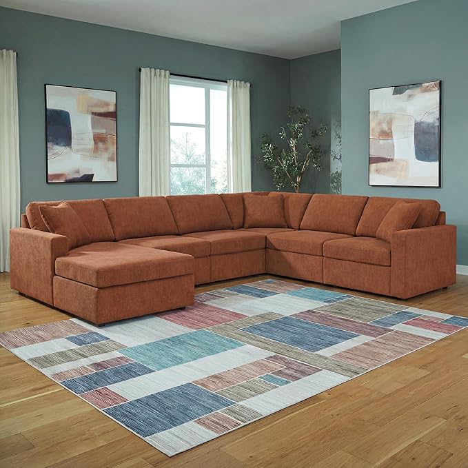 Signature Design by Ashley Casual Modmax Stain Resistant U-Shape Right-Arm Facing 6-Piece Sectional with Chaise and Reversible Cushion, Orange