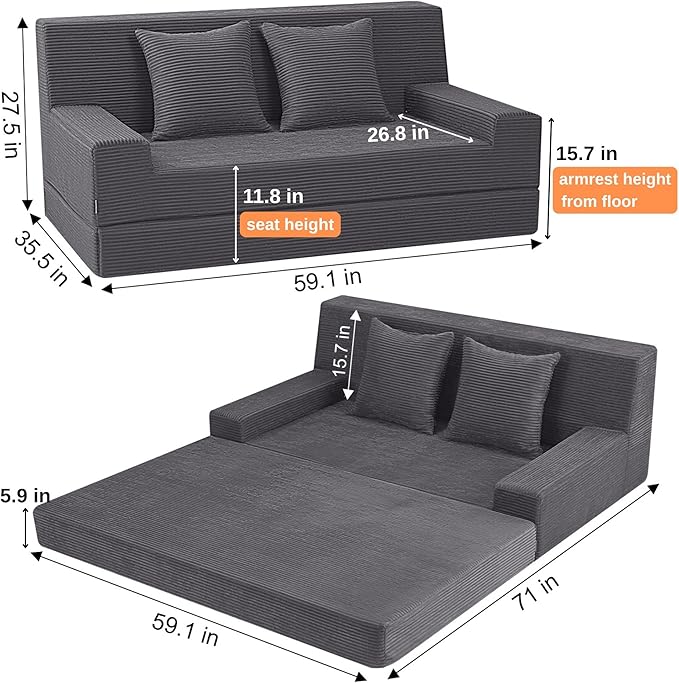 MeMoreCool Folding Futon Couch Queen – Boneless Corduroy Sofa Bed, Convertible Foam Floor Lounger with Pillow & Washable Cover, Foldable Sleeper for Living Room, Bedroom, Guest Space