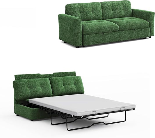 LINSY 84" Oversized Loveseat Sofa with Pull Out Bed, 2 Seater Sleeper Sofa Bed with Memory Foam Topper, Cozy Chenille Convertible Couch for Living Room, Apartment, Green