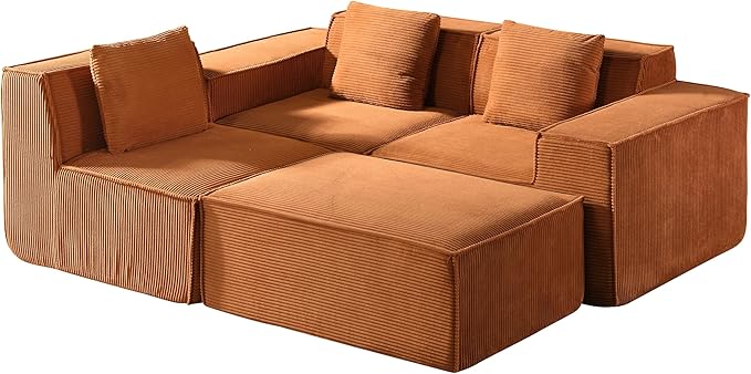 Rowan Convertible Corduroy Sectional Couch with Ottoman & Pillows, Modular L Shaped Sleeper Sofa, Boneless Cloud Couch for Living Room Furniture, Red Orange