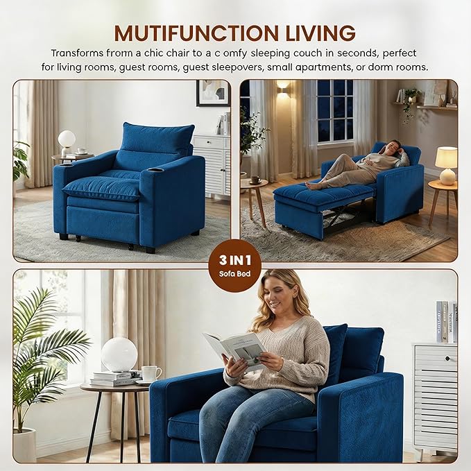 Casaphoria Convertible Sleeper Chair 66.54" Futon Sofa Bed Single Sleeper Sofa Small Couch Bed with Adjustable Backrest for College Dorm Bedroom Studio Apartment