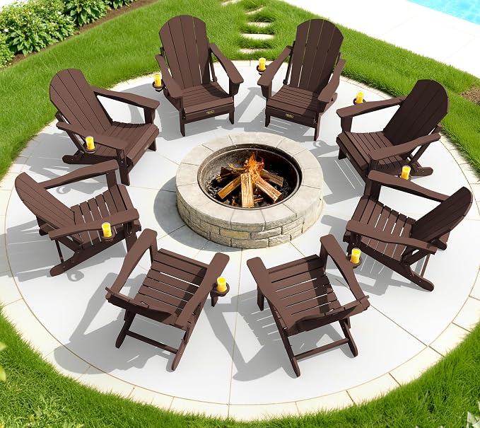 SERWALL Folding Adirondack Chair Set of 2, All Weather Adirondack Chairs with Cup Holder for Patio Garden Outdoors Fire Pit - Coffee - Image 2
