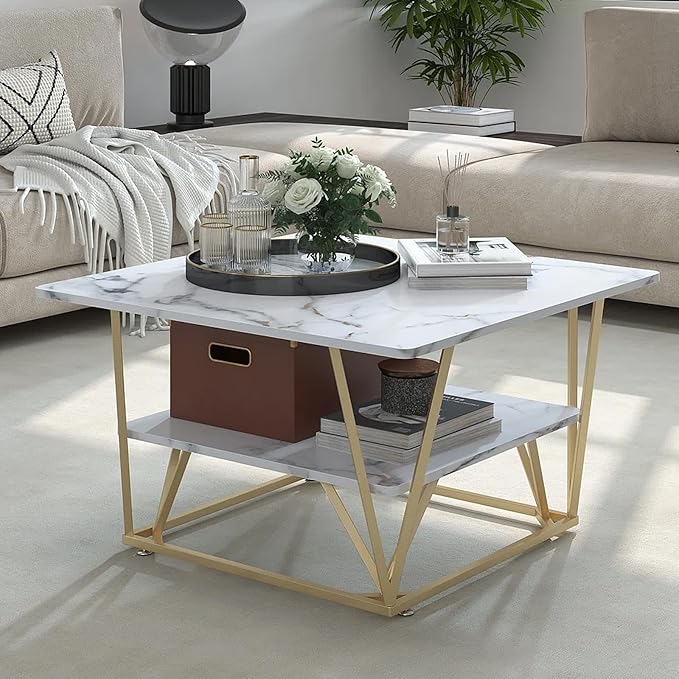 Elephance Square Coffee Table for Living Room, 31.5 Inch Modern Coffee Table with Storage, 2-Tier White and Gold, Wooden Tabletop-Marble White with Gold Frame
