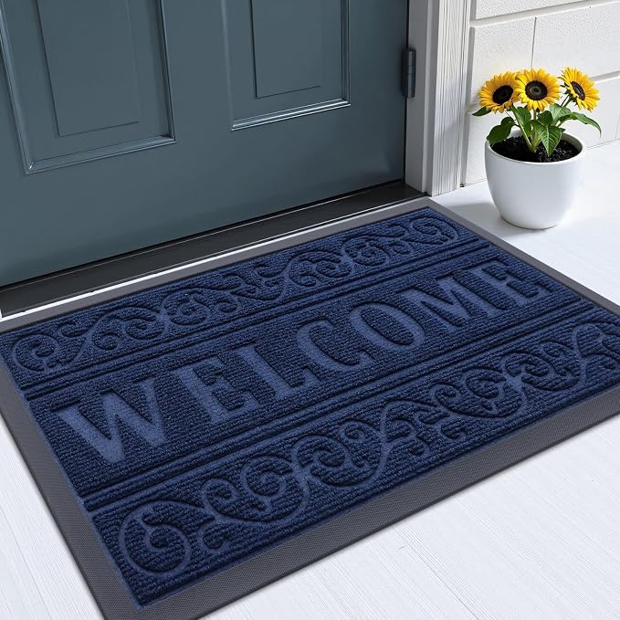 OLANLY Welcome Door Mat Indoor Outdoor Entrance, Heavy Duty Sturdy Front Door Mat, Waterproof All-Weather Doormat, Stain Resistant, Low Profile, Easy Clean Patio Entryway Mat, 29.5 x 17, Navy Blue by OLANLY
