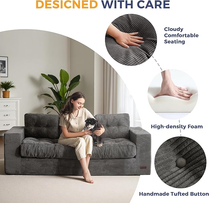 MAXYOYO Oversized Loveseat Sofa Couch, Upholstered Bean Bag Chair Cloud 3-Seat for Adults, Boneless Couch with Tufted Cushion & Pillows, Sofa in A Box, No Assembly Required, Dark Grey