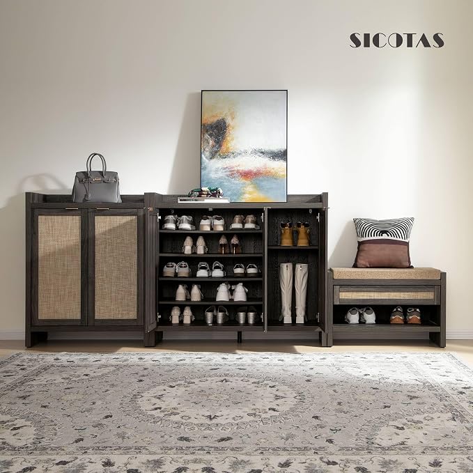 SICOTAS Shoe Storage Cabinet, 30 Pairs Rattan Shoe Cabinet Storage for Entryway, 6-Tier 41" Tall Large Shoe Cabinet, Boho Farmhouse Cabinet with Doors for Entryway Hallway Living Room, Black Oak - Image 7