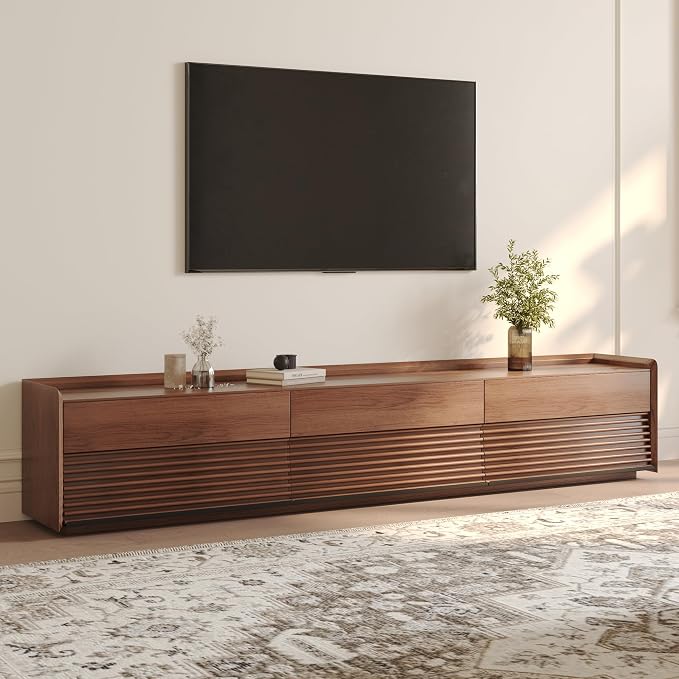 POVISON Fully-Assembled Mid Century Modern TV Stand, 94.49" Wood Media Console with Adjustable LED Light, Entertainment Center with Storage for Living Room by POVISON