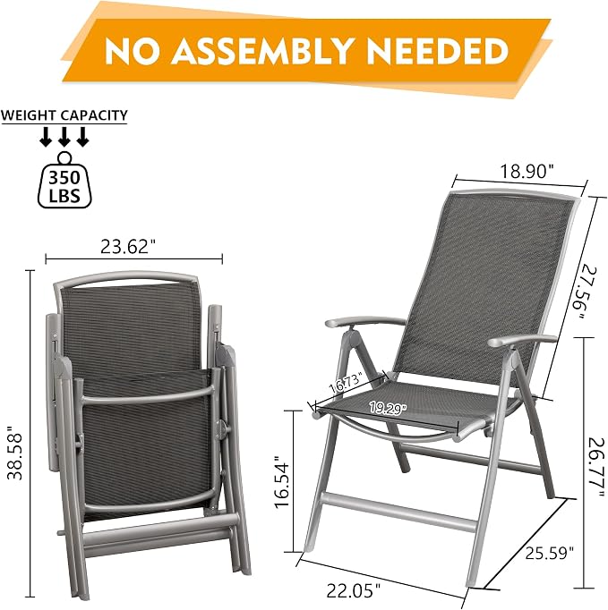 Domi Patio Folding Chairs Set of 2, Aluminium Frame Outdoor Reclining Patio Chairs for Garden Camping Poolside Beach Deck, Adjustable High Back Lawn Chairs with Textilene Fabric Seat, Dark Gray - Image 2
