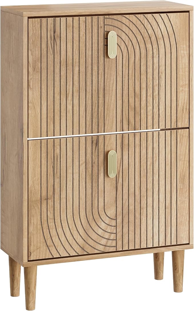 Smuxee Shoe Cabinet with 2 Flip Drawers, 23.6" Oak Hidden Shoe Storage Cabinet with Line Groove Design, Freestanding Shoe Organizer Cabinet for Entryway, Hallway, Living Room - Image 9
