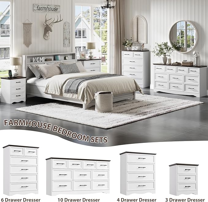 Bedroom Set, 3 Pieces Bedroom Furniture Set, Wood 6 Drawer Dresser and 3 Drawers Nightstands with Charging Station, Farmhouse Storage Organizer Cabinet for Bedroom, White