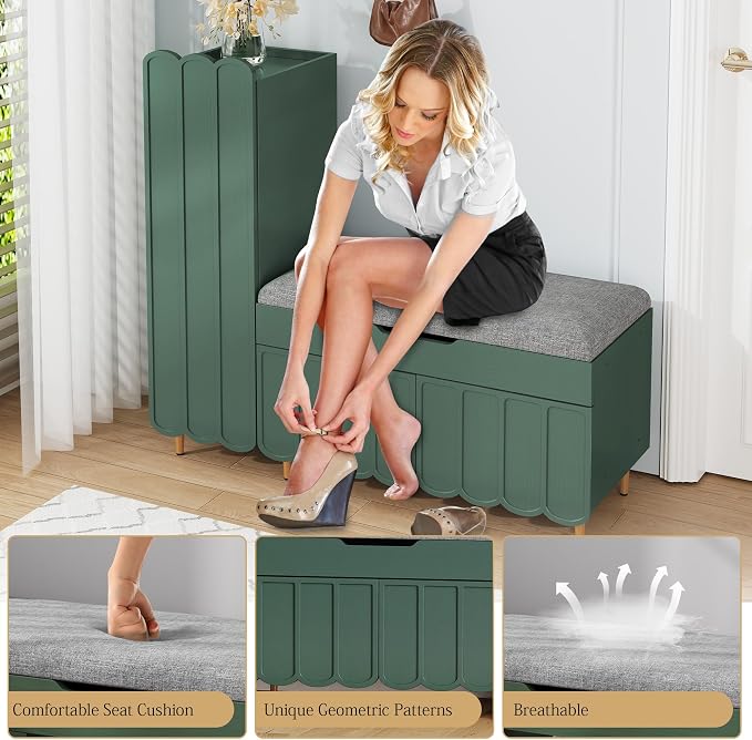3More Shoe Organizer Cabinet,Entryway Bench with Adjustable Shelves and Cushioned Seat,Unique L-Shaped Bench Cabinet for Entryway, Hallway, Living Room - Image 4