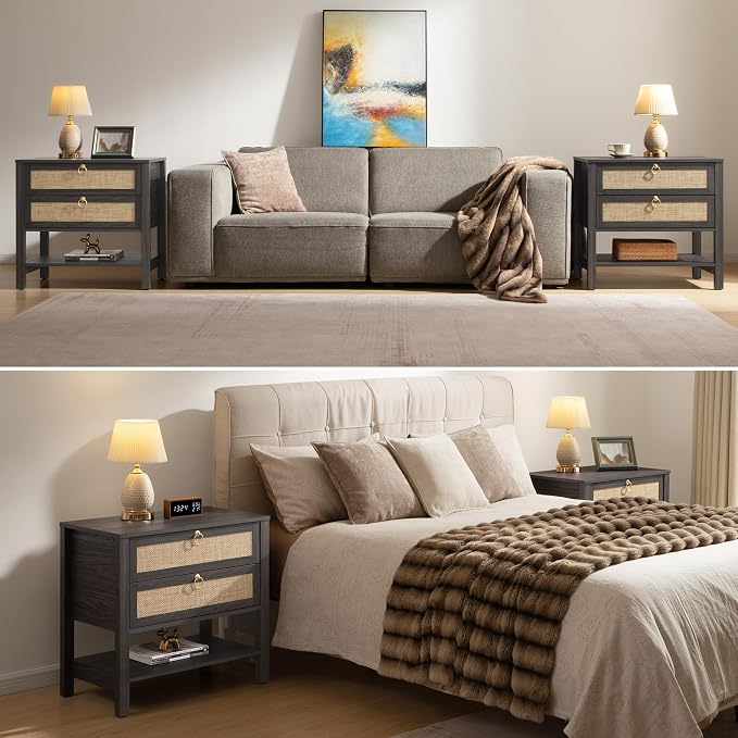 SICOTAS Night Stands Set of 2 for Bedroom, Large Bedside Tables with Drawer & Open Shelf, Wide Boho Rattan Nightstand Set Narrow Side Table for Master Bedroom - Image 7