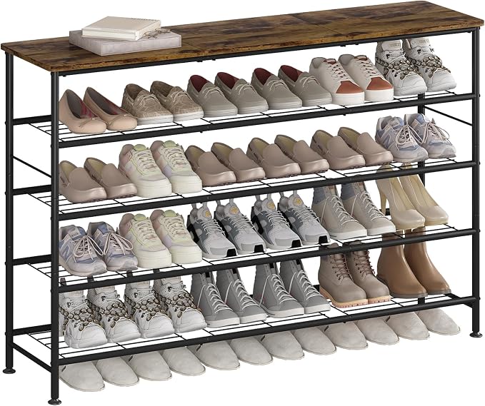 SUOERNUO Shoe Rack 5 Tier Shoe Storage Organizer Metal Mesh Shelves with MDF Top Board for Entryway, Hallway, Closet,Bedroom，Living Room (Black+Rustic Brown, Large 5 Tier) by SUOERNUO