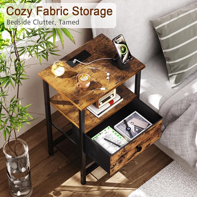LOAKEKEL Night Stand with Charging Station, Small Bedside Table with Fabric Drawer, Nightstand with USB Ports & Outlets for Bedroom, Brown, HETS010BR-1 - Image 4
