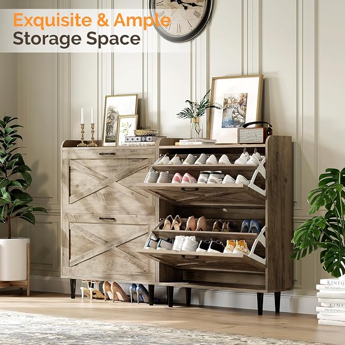 VINGLI Shoe Storage Cabinet for Entryway with 2 Flip Drawers, Ultra Slim Freestanding Entryway Shoe Organizer with Wood Tapered Legs,Hidden Closed Shoe Rack,31.6" W * 9.4" D * 39.4" H, Washed Gray - Image 4