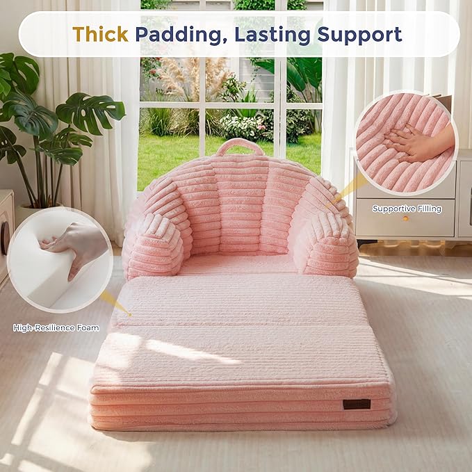 MAXYOYO Folding Sofa Bed, 2 in 1 Convertible Sofa to Lounger Comfy Faux Fur Bean Bag Chair for Adults, Floor Single Sleeper Couch Chair with Handle, Couch Bed for Living Room Bedroom, Pink